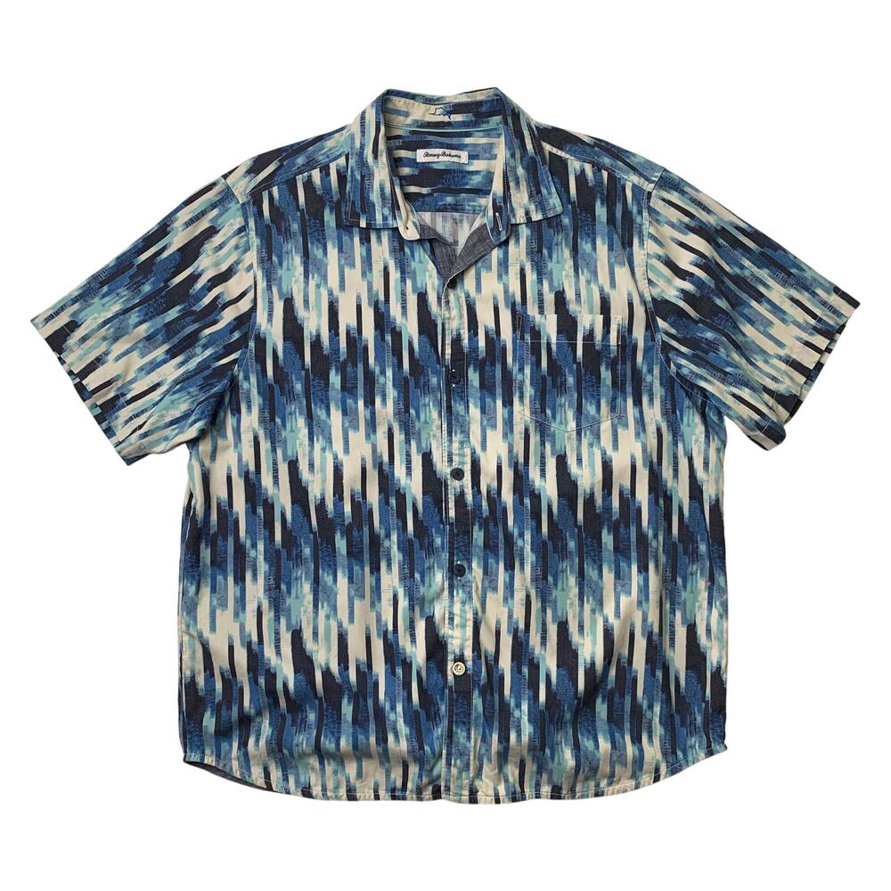 Tommy Bahama Shirt Mens XL Ivory Blue Silk Blend Abstract Mosaic Hawaiian Camp